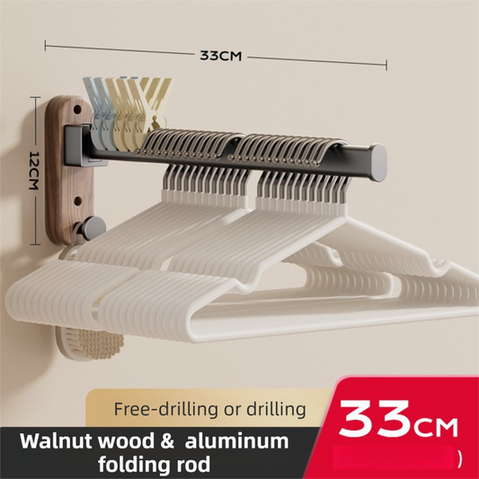 33CM Moisture Aluminum Folding Towel Rack Integrated Bottom Hook - 90° Folding Black Walnut Grain Wall-Mounted Drying Rod and Organize