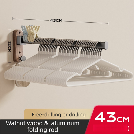 43CM Moisture Aluminum Folding Towel Rack Integrated Bottom Hook - 90° Folding Black Walnut Grain Wall-Mounted Drying Rod and Organize