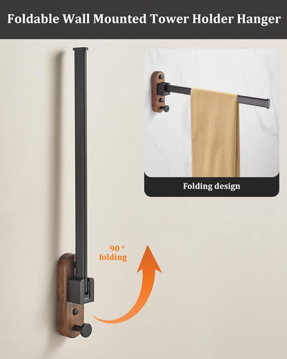 23CM Moisture Aluminum Folding Towel Rack Integrated Bottom Hook - 90° Folding White Beechwood Grain Wall-Mounted Drying Rod and Organize