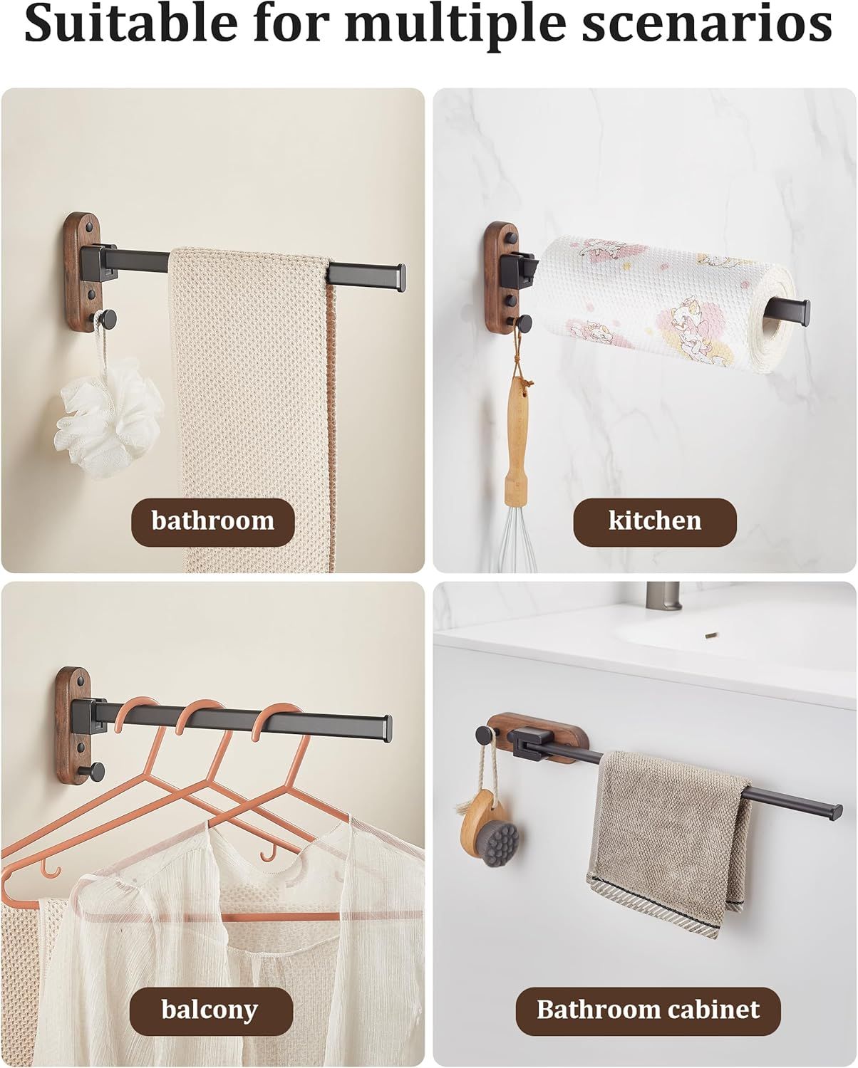 23CM Moisture Aluminum Folding Towel Rack Integrated Bottom Hook - 90° Folding White Beechwood Grain Wall-Mounted Drying Rod and Organize