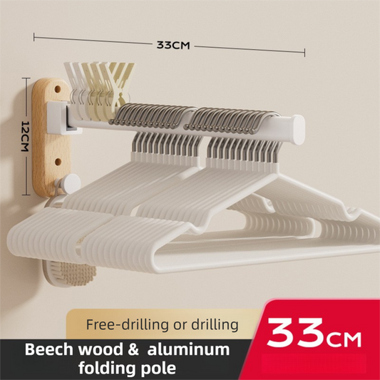 33CM Moisture Aluminum Folding Towel Rack Integrated Bottom Hook - 90° Folding White Beechwood Grain Wall-Mounted Drying Rod and Organize