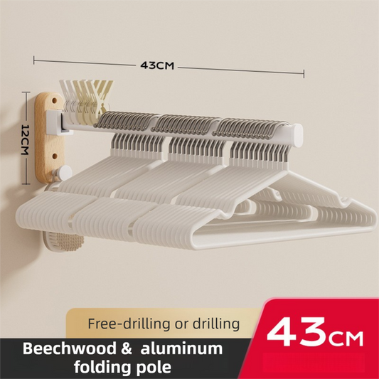 43CM Moisture Aluminum Folding Towel Rack Integrated Bottom Hook - 90° Folding White Beechwood Grain Wall-Mounted Drying Rod and Organize