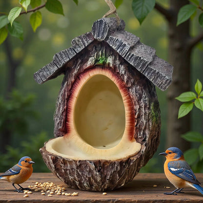 European-Style Fairy House Bird Feeder - Weather-Resistant Resin Hanging Log Cabin Bird Station & Garden Ornament