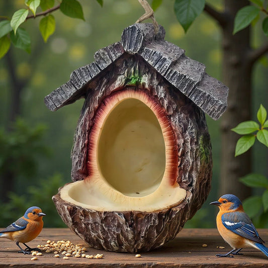 European-Style Fairy House Bird Feeder - Weather-Resistant Resin Hanging Log Cabin Bird Station & Garden Ornament