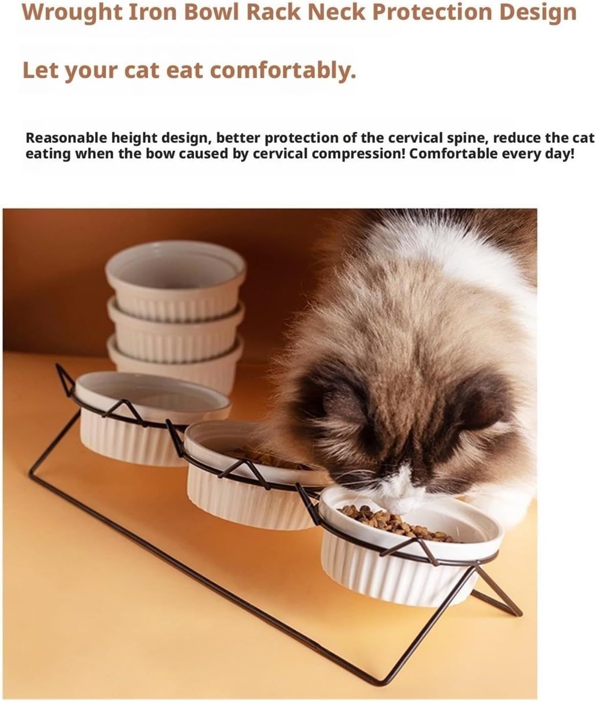 Triple Slanted Ceramic Pet Bowl Set with Elevated Iron Stand and Non Slip Base - 3 x 300ML Versatile Pink Cat Paw Print Pattern Dishes for Water & Food