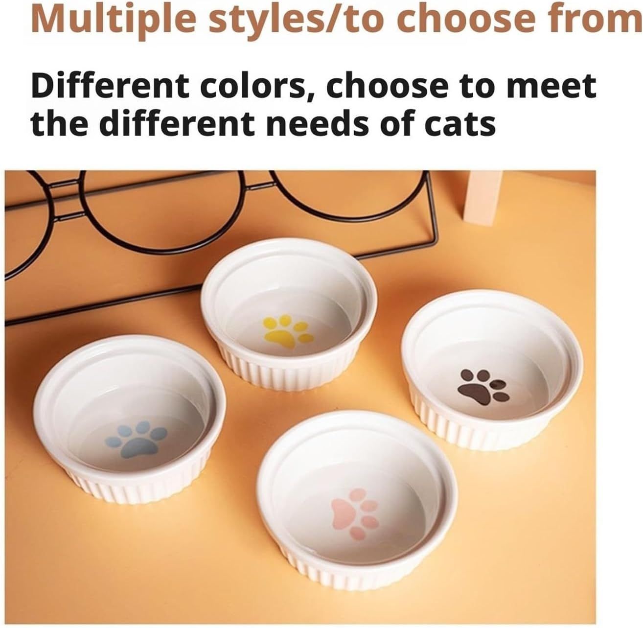 Triple Slanted Ceramic Pet Bowl Set with Elevated Iron Stand and Non Slip Base - 3 x 300ML Versatile Pink Cat Paw Print Pattern Dishes for Water & Food
