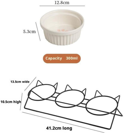 Triple Slanted Ceramic Pet Bowl Set with Elevated Iron Stand and Non Slip Base - 3 x 300ML Versatile Pink Cat Paw Print Pattern Dishes for Water & Food