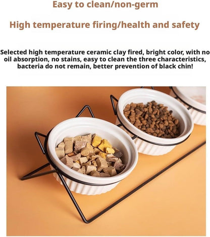 Triple Slanted Ceramic Pet Bowl Set with Elevated Iron Stand and Non Slip Base - 3 x 300ML Versatile Yellow Cat Paw Print Pattern Dishes for Water & Food