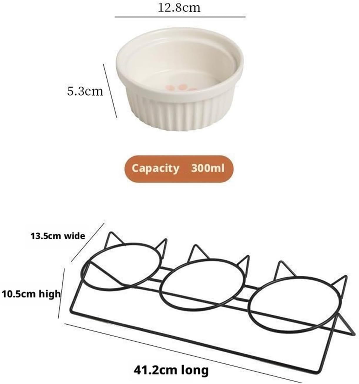 Triple Slanted Ceramic Pet Bowl Set with Elevated Iron Stand and Non Slip Base - 3 x 300ML Versatile Black Cat Paw Print Pattern Dishes for Water & Food
