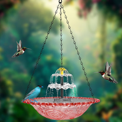 Pink Solar Hanging 3-Layer Cascade Bird Bath Fountain & Wildlife Feeder - 9.25"W Bird Bath Bowl with Solar Powered Pump for Outdoor Garden Backyard Patio Lawn