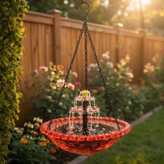 Red Solar Hanging 3-Layer Cascade Bird Bath Fountain & Wildlife Feeder - 9.25"W Bird Bath Bowl with Solar Powered Pump for Outdoor Garden Backyard Patio Lawn
