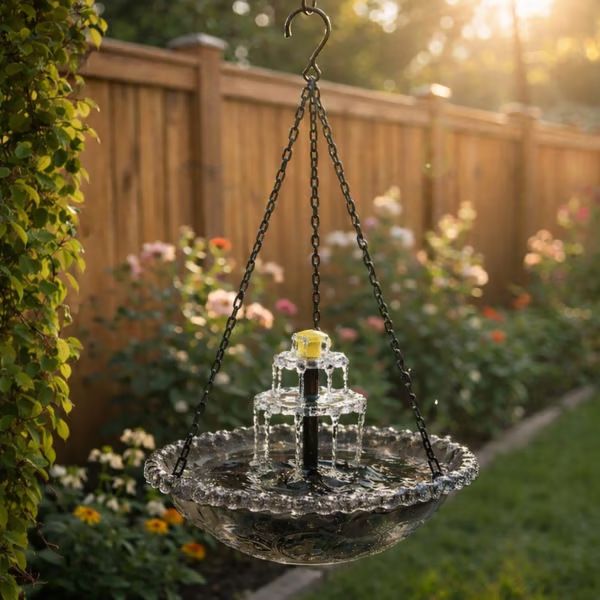 Grey Solar Hanging 3-Layer Cascade Bird Bath Fountain & Wildlife Feeder - 9.25"W Bird Bath Bowl with Solar Powered Pump for Outdoor Garden Backyard Patio Lawn