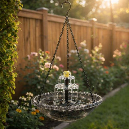 Grey Solar Hanging 3-Layer Cascade Bird Bath Fountain & Wildlife Feeder - 9.25"W Bird Bath Bowl with Solar Powered Pump for Outdoor Garden Backyard Patio Lawn