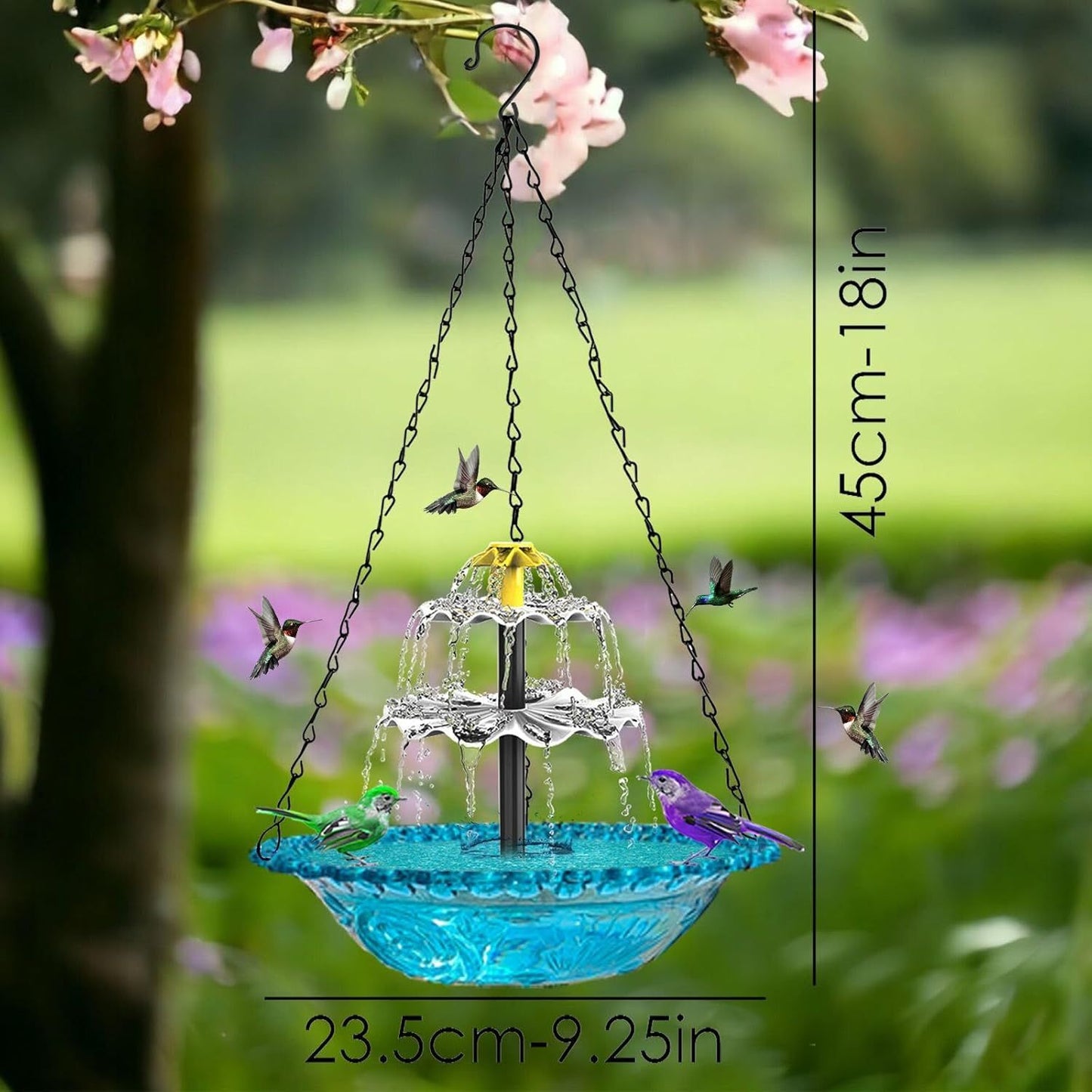Grey Solar Hanging 3-Layer Cascade Bird Bath Fountain & Wildlife Feeder - 9.25"W Bird Bath Bowl with Solar Powered Pump for Outdoor Garden Backyard Patio Lawn