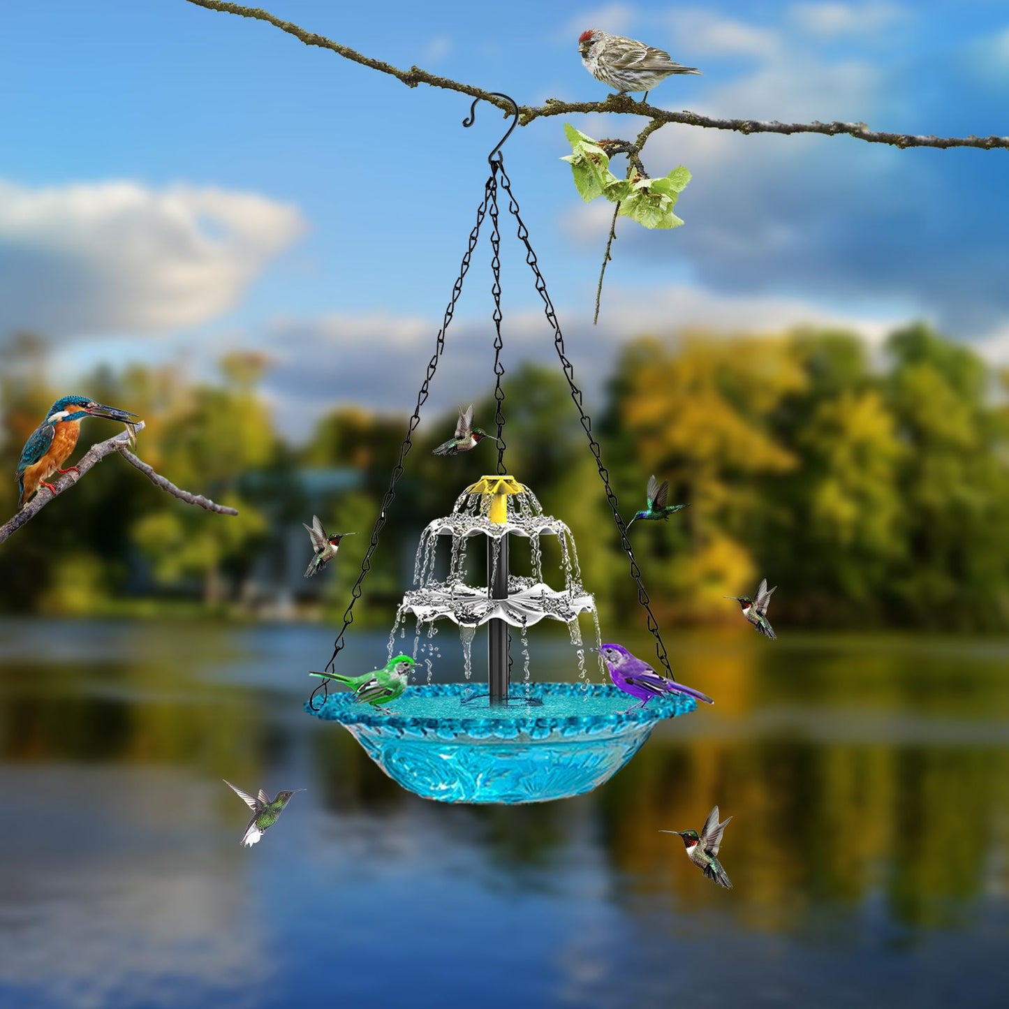 Grey Solar Hanging 3-Layer Cascade Bird Bath Fountain & Wildlife Feeder - 9.25"W Bird Bath Bowl with Solar Powered Pump for Outdoor Garden Backyard Patio Lawn