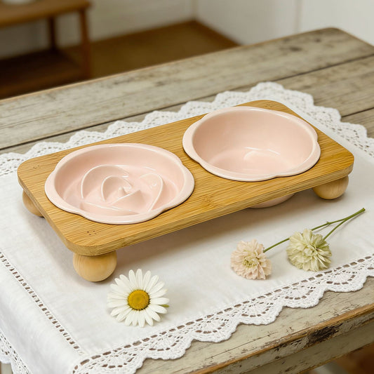 Pink Ceramic Floral Cat Slow Feeder(190ML) & Water Bowl(320ML) Set - Dishwasher Safe Pet Dual Dining Kit with Neck-Friendly Elevated Stand