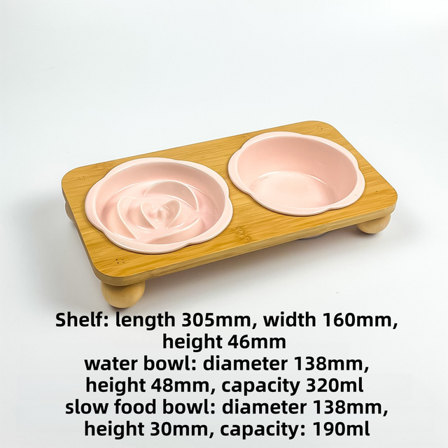 Pink Ceramic Floral Cat Slow Feeder(190ML) & Water Bowl(320ML) Set - Dishwasher Safe Pet Dual Dining Kit with Neck-Friendly Elevated Stand