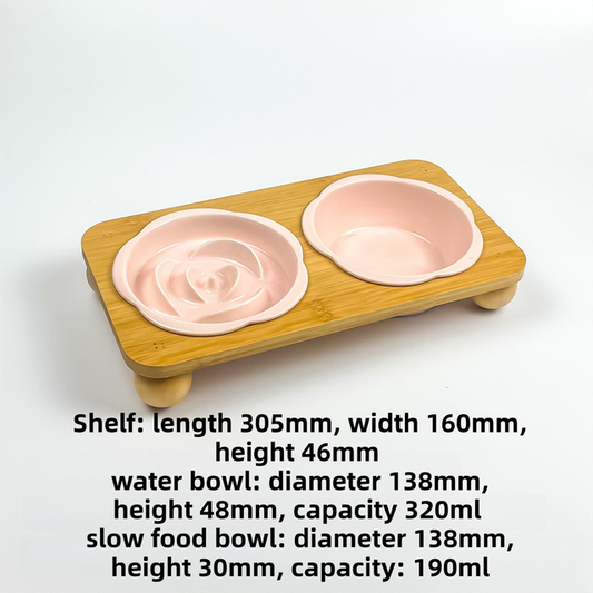 Pink Ceramic Floral Cat Slow Feeder(190ML) & Water Bowl(320ML) Set - Dishwasher Safe Pet Dual Dining Kit with Neck-Friendly Elevated Stand