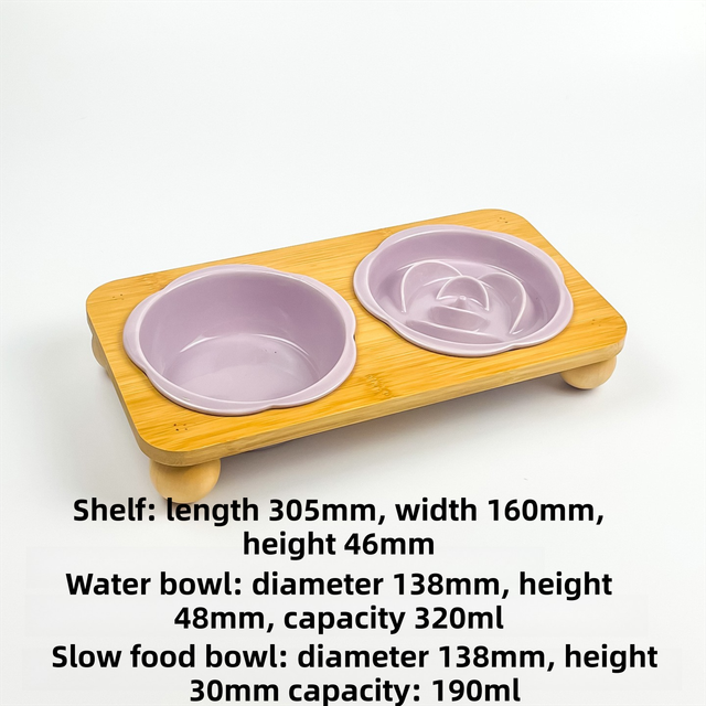Purple Ceramic Floral Cat Slow Feeder(190ML) & Water Bowl(320ML) Set - Dishwasher Safe Pet Dual Dining Kit with Neck-Friendly Elevated Stand