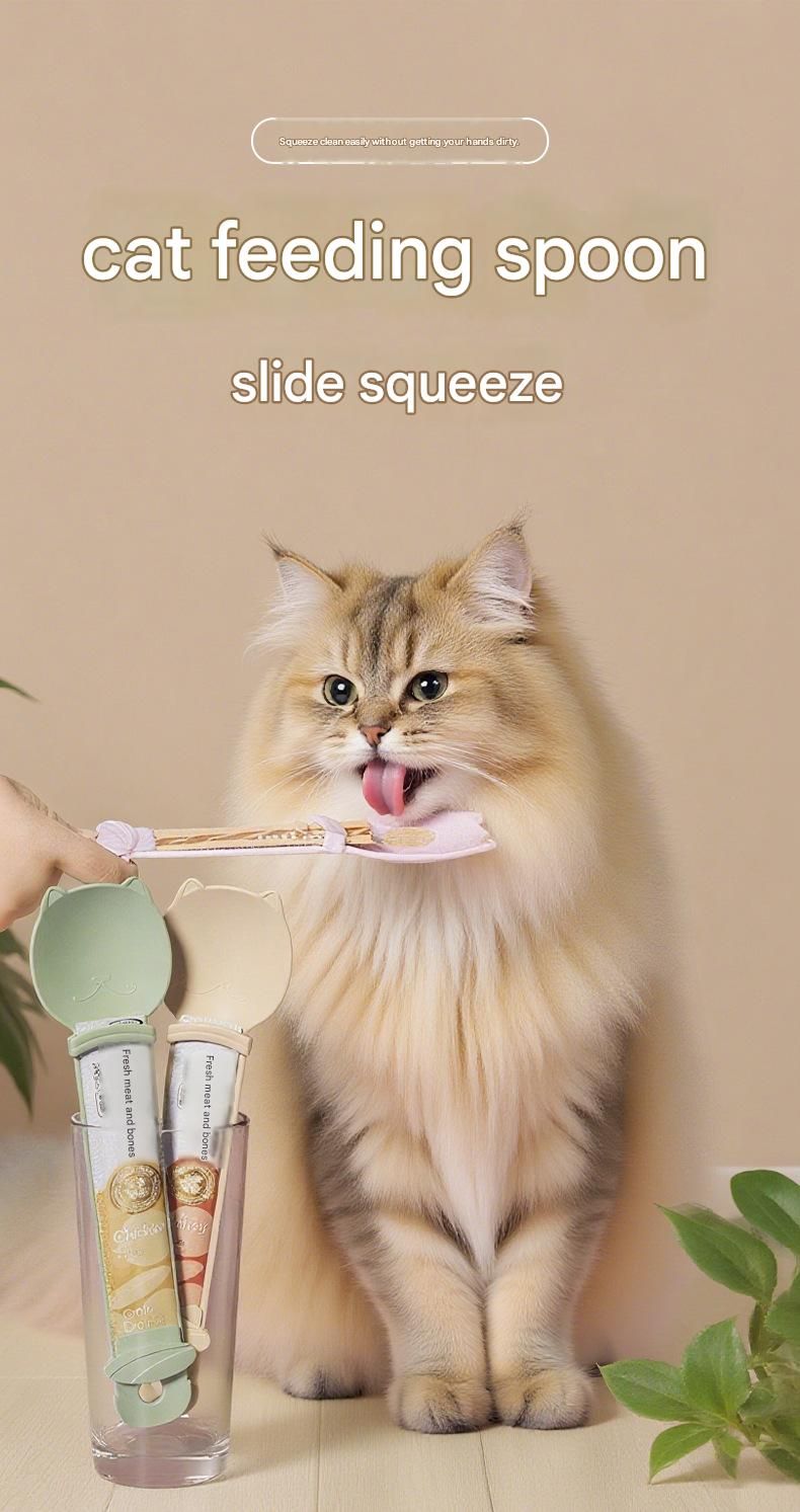 Beige Cat Treat Spoon for Wet Food & Paste - Extra-Long PP Handle, Food-Grade Squeeze Feeder with Anti-Spill Bowl, Easy One-Handed Operation for Cats