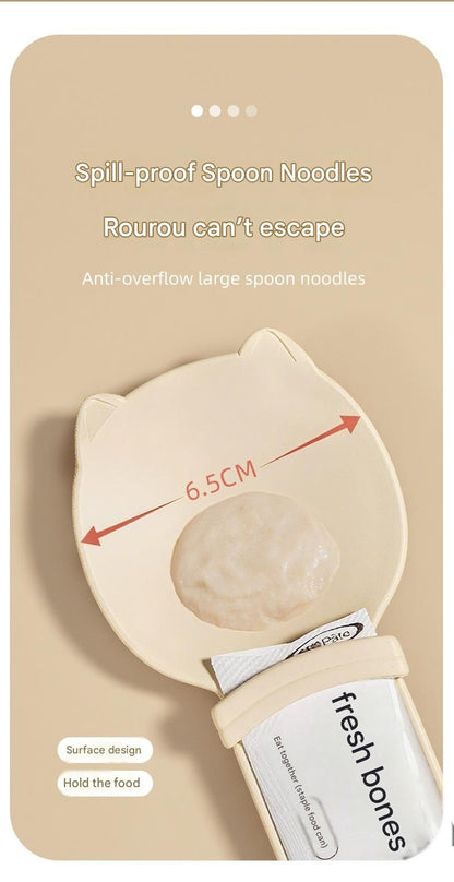 Beige Cat Treat Spoon for Wet Food & Paste - Extra-Long PP Handle, Food-Grade Squeeze Feeder with Anti-Spill Bowl, Easy One-Handed Operation for Cats