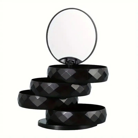 2-Pack 4-Tier Rotating Jewelry Organizer Box with Adjustable Mirror & Diamond Cut Design – Compact 360° Swivel Earring Stud Necklace Storage Box for Vanity Countertop, 10 x 10cm, Black