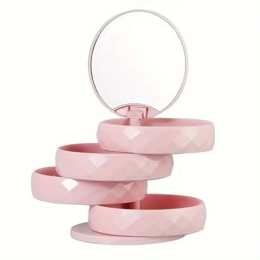 2-Pack 4-Tier Rotating Jewelry Organizer Box with Adjustable Mirror & Diamond Cut Design – Compact 360° Swivel Earring Stud Necklace Storage Box for Vanity Countertop, 10 x 10cm, Pink