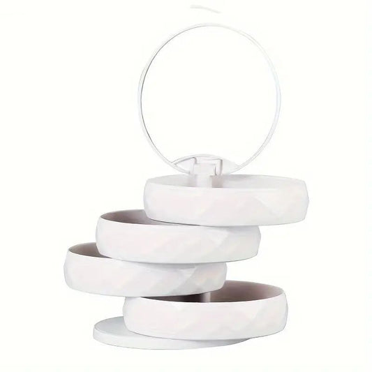 2-Pack 4-Tier Rotating Jewelry Organizer Box with Adjustable Mirror & Diamond Cut Design – Compact 360° Swivel Earring Stud Necklace Storage Box for Vanity Countertop, 10 x 10cm, White