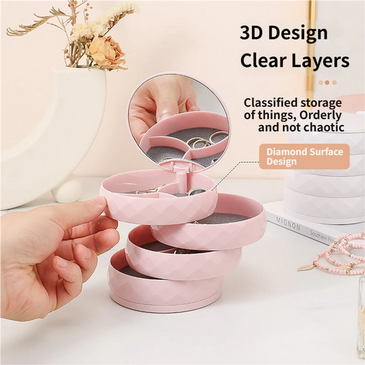 2-Pack 4-Tier Rotating Jewelry Organizer Box with Adjustable Mirror & Diamond Cut Design – Compact 360° Swivel Earring Stud Necklace Storage Box for Vanity Countertop, 10 x 10cm, White