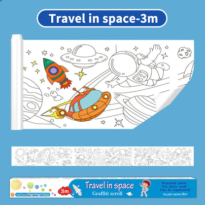 3M Extra Long Reusable Coloring Paper Roll, Space Adventure Theme Self-Adhesive Wall Coloring Poster and DIY Cuttable Drawing Craft Paper Scroll with Gift Box