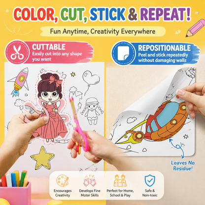 3M Extra Long Reusable Coloring Paper Roll 2 Pack, Space Adventure + Dinosaur Park Theme Self-Adhesive Wall Coloring Poster and DIY Cuttable Drawing Craft Paper Scroll with Gift Box