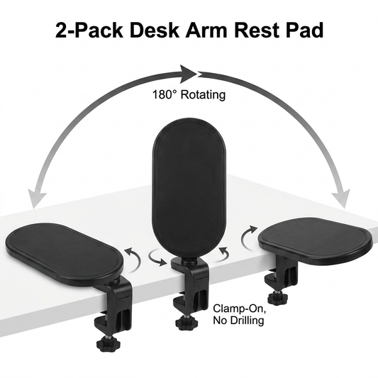 4-Piece Black Red Ergonomic Desk Arm Rest & Wrist Support Set with 2 Pack Clamp-On 180° Rotating Arm Rests + Memory Foam Keyboard Wrist Rest + Mouse Wrist Pad - Anti-Slip, Easy Clean and Pressure Relief for Home Office & Gaming Use