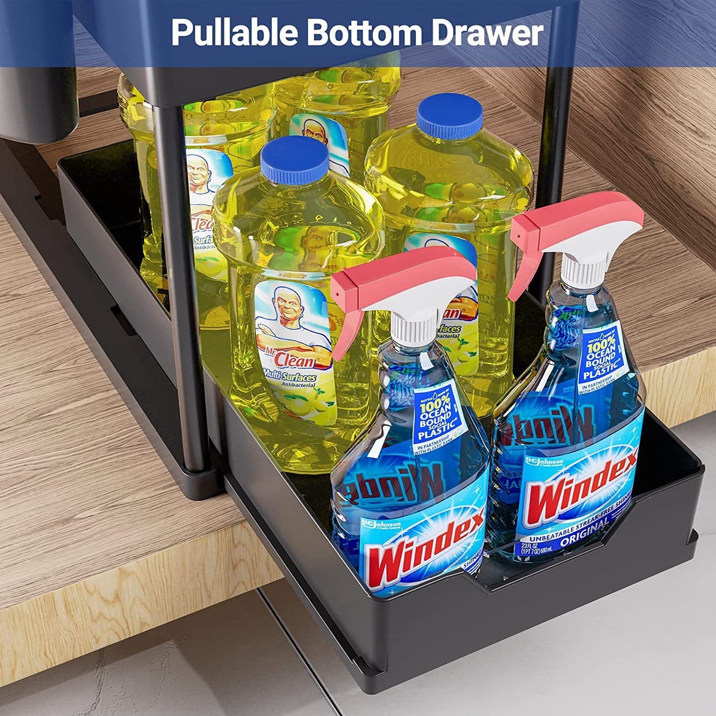 Black Under Sink Organizer with Pull-Out Drawer, 4 Hooks and Hanging Cup - 2 Tier Cabinets Storage Rack for Kitchen & Bathroom, Tool-Free Assembly, Fits Full-Size Cleaning Supplies & Toiletries, Space Saving