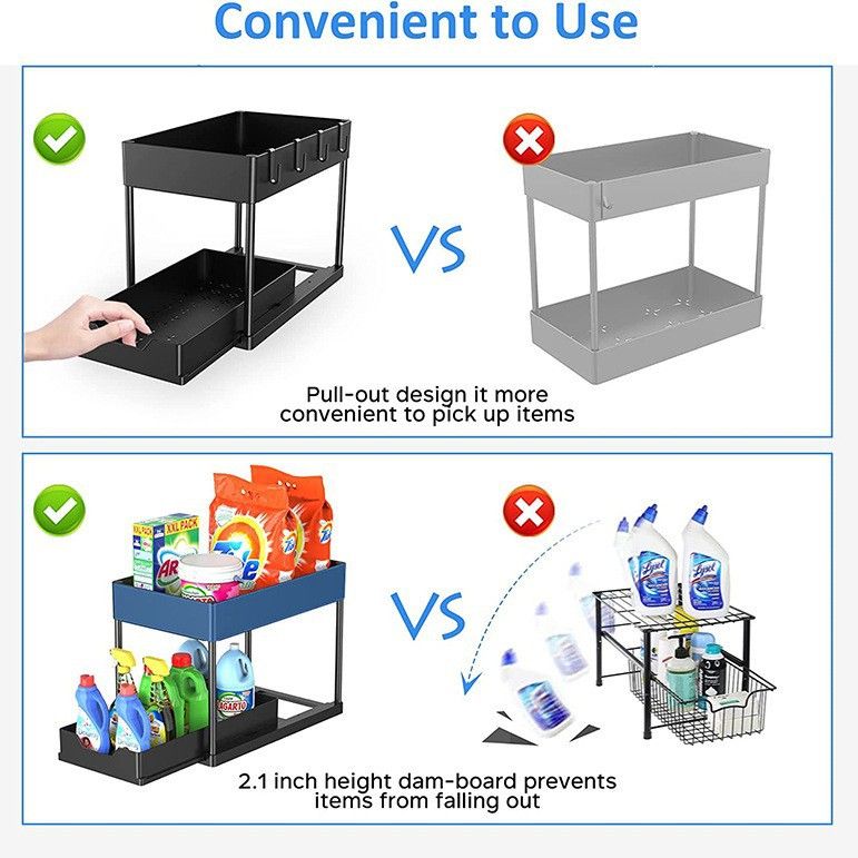 Black Under Sink Organizer with Pull-Out Drawer, 4 Hooks and Hanging Cup - 2 Tier Cabinets Storage Rack for Kitchen & Bathroom, Tool-Free Assembly, Fits Full-Size Cleaning Supplies & Toiletries, Space Saving