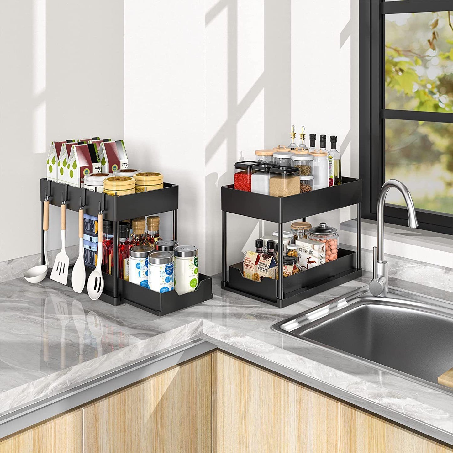 Black Under Sink Organizer with Pull-Out Drawer, 4 Hooks and Hanging Cup - 2 Tier Cabinets Storage Rack for Kitchen & Bathroom, Tool-Free Assembly, Fits Full-Size Cleaning Supplies & Toiletries, Space Saving