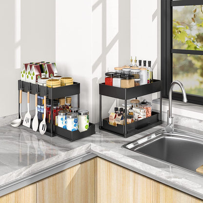 Black Under Sink Organizer with Pull-Out Drawer, 4 Hooks and Hanging Cup - 2 Tier Cabinets Storage Rack for Kitchen & Bathroom, Tool-Free Assembly, Fits Full-Size Cleaning Supplies & Toiletries, Space Saving