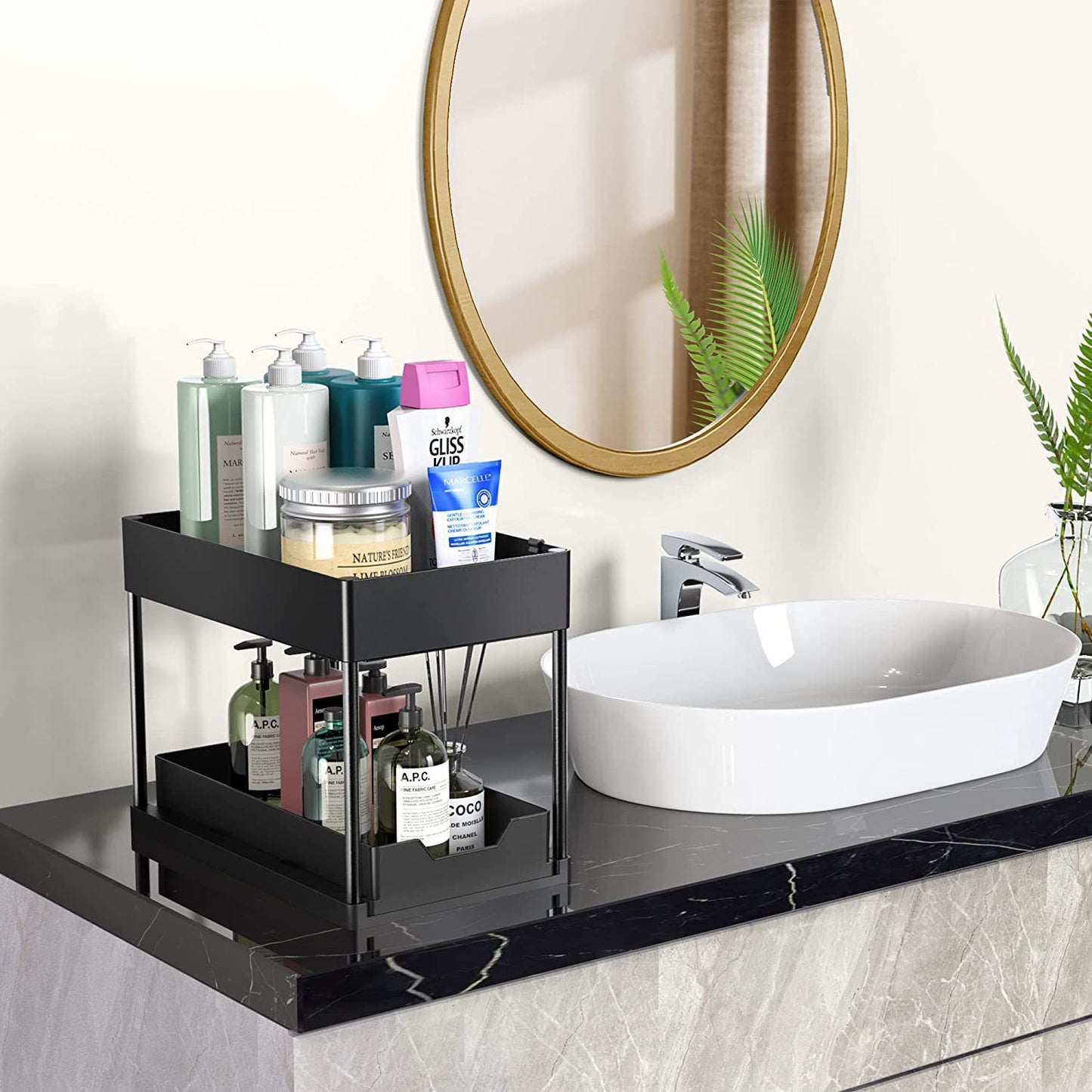 Black Under Sink Organizer with Pull-Out Drawer, 4 Hooks and Hanging Cup - 2 Tier Cabinets Storage Rack for Kitchen & Bathroom, Tool-Free Assembly, Fits Full-Size Cleaning Supplies & Toiletries, Space Saving