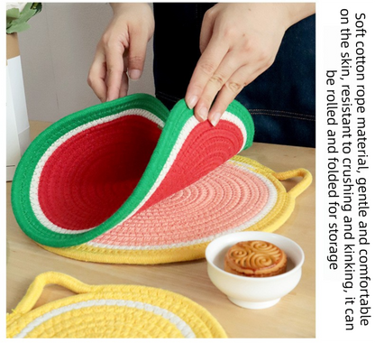 3-Piece Avocado Inspired Kitchen Heat Resistant Set with 18cm & 30cm Round Cotton Rope Woven Trivets + 1 Pair Duckbill Oven Mitt - Foldable Table Protection Mats and Green Polka Dot Cooking Gloves, Perfect for Home Baking and Cooking Lover