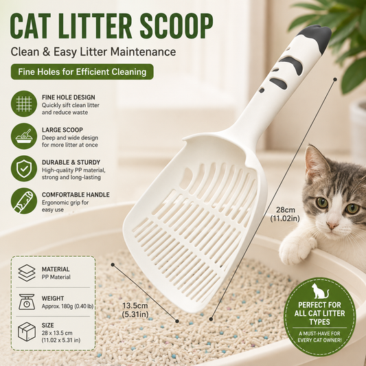 White Large-surface cat litter scoop—made of PP material, featuring a fine-mesh design and an ergonomic handle; 28 cm in length. Suitable for tofu litter and clumping litter; an easy-to-clean tool for clearing away pet waste