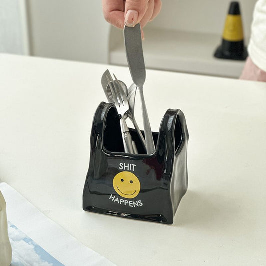 Black Ceramic Mini Tote Bag Pen Holder - Creative Desktop Storage Organizer for Makeup Brushes, Remote Controls and Stationery, Cute Smiley Decorative Container