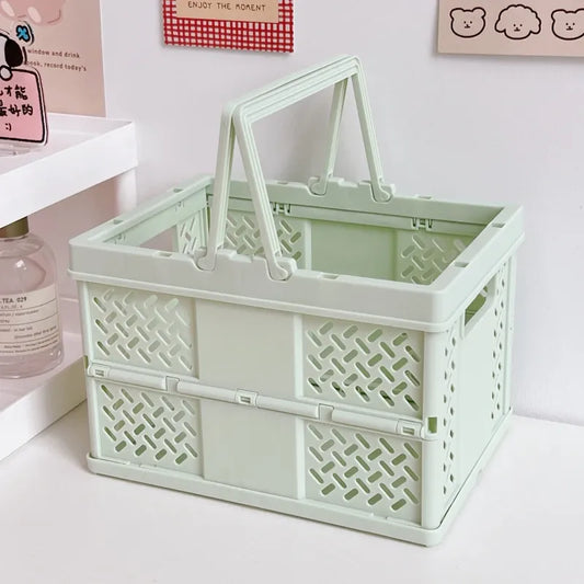 Green Foldable Storage Basket with Handles - Portable Multi Purpose Desktop Organiser Crate for Snacks, Kitchen Storage, Books and Household Essentials