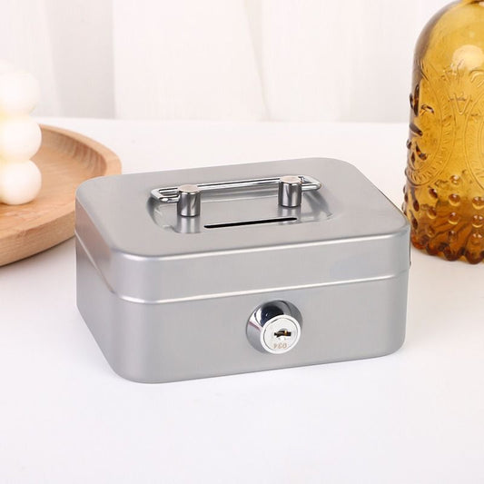 Gray Lockable Metal Cash Box with Coin Slot Portable Money Storage Box Small Savings Bank Key Lock Cash Holder Organiser for Coins Notes Home Office Use 115x85x58mm