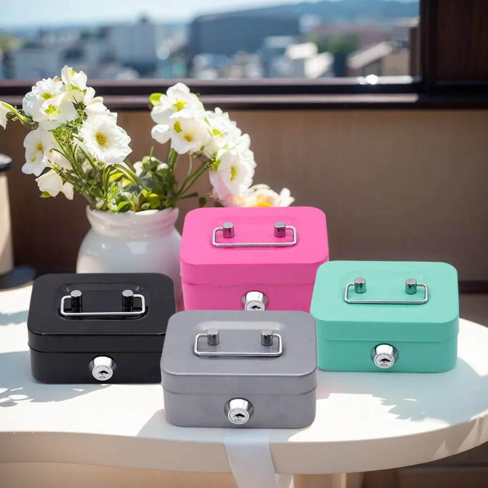 Gray Lockable Metal Cash Box with Coin Slot Portable Money Storage Box Small Savings Bank Key Lock Cash Holder Organiser for Coins Notes Home Office Use 115x85x58mm