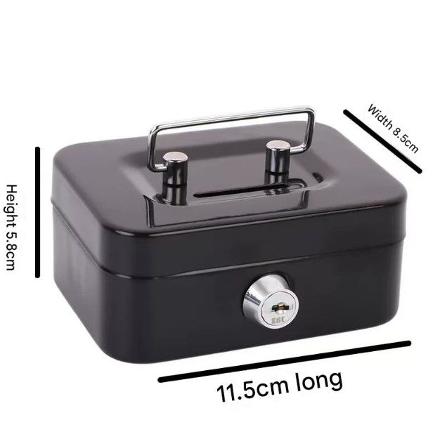Gray Lockable Metal Cash Box with Coin Slot Portable Money Storage Box Small Savings Bank Key Lock Cash Holder Organiser for Coins Notes Home Office Use 115x85x58mm