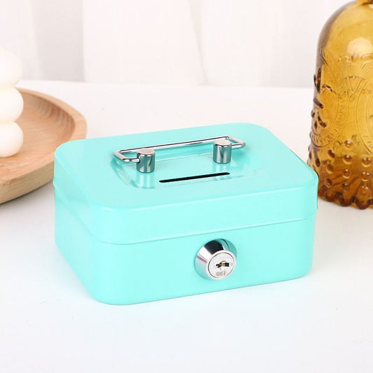 Green Lockable Metal Cash Box with Coin Slot Portable Money Storage Box Small Savings Bank Key Lock Cash Holder Organiser for Coins Notes Home Office Use 115x85x58mm