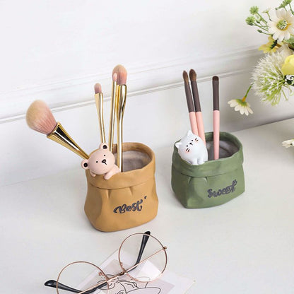 Creative Animal-Themed "Paper Bag" Pen Holder (Rabbit) — Resin Desktop Organizer | Cute Cartoon Pencil Cup, Planter, & Storage Container | Home & Office Desktop Decor