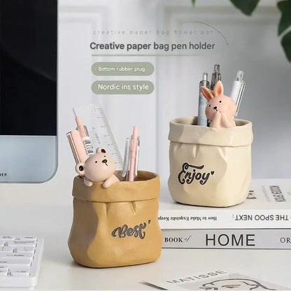Creative Animal-Themed "Paper Bag" Pen Holder (Cat) — Resin Desktop Organizer | Cute Cartoon Pencil Cup, Planter, & Storage Container | Home & Office Desktop Decor