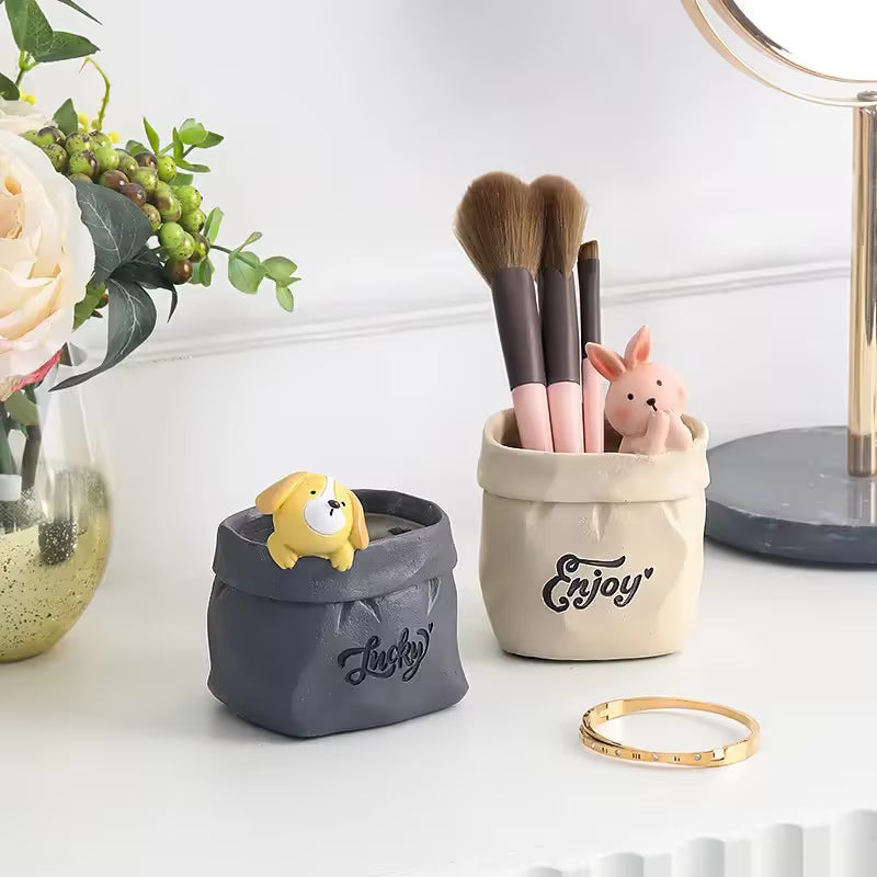 Creative Animal-Themed "Paper Bag" Pen Holder (Dog) — Resin Desktop Organizer | Cute Cartoon Pencil Cup, Planter, & Storage Container | Home & Office Desktop Decor