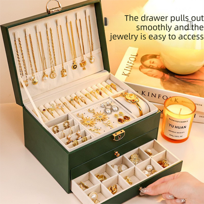 Brown Large Lockable Jewellery Box with 3 Drawers PU Leather Jewellery Organiser Case for Rings Earrings Necklaces Watches and Bracelets