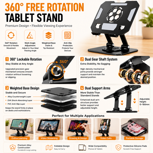 Pink 360 Degree Rotating Tablet and Phone Stand Adjustable Desktop Holder Foldable Aluminium Alloy Device Stand for Video Calls Streaming Study and Office Us